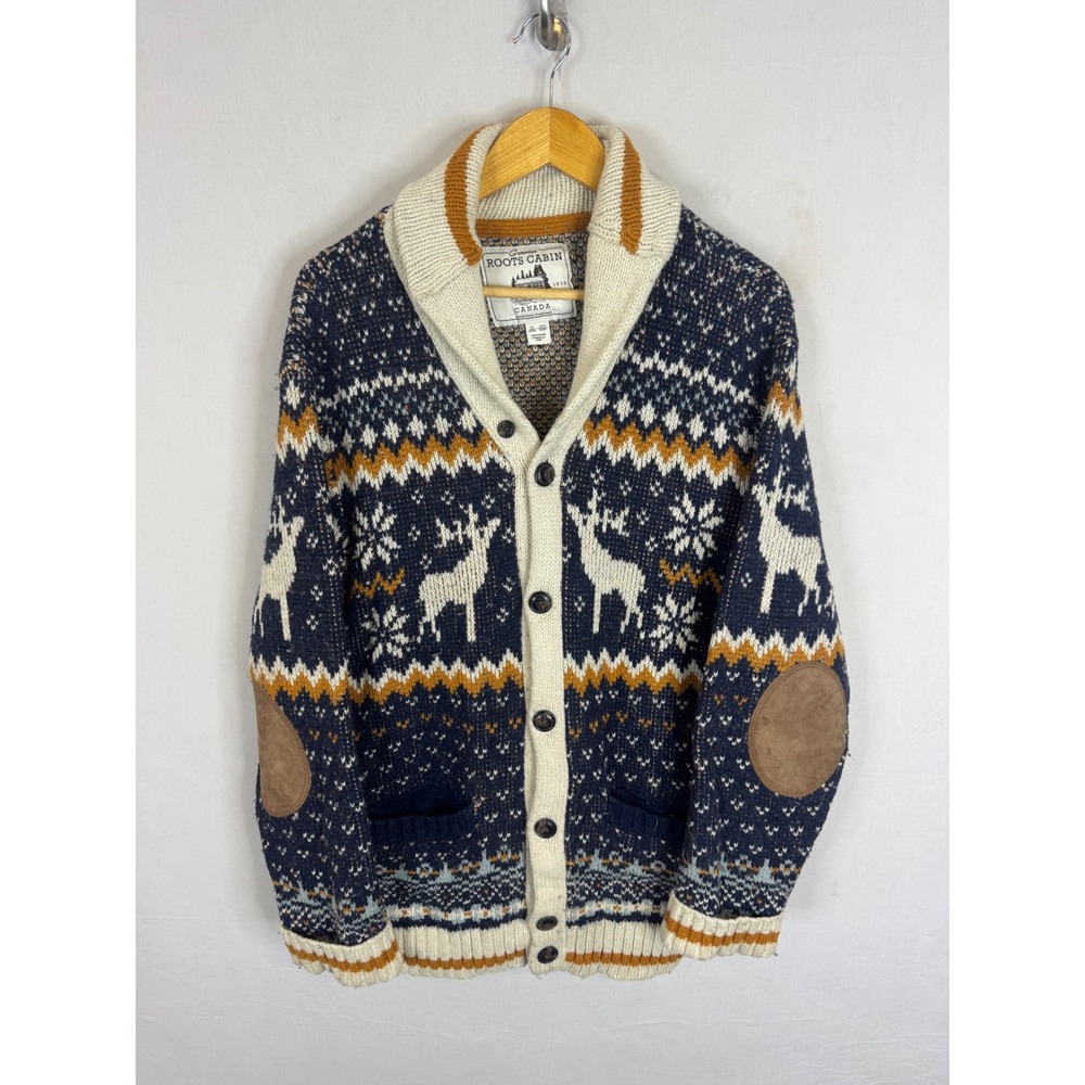 Roots Cabin Canada Reindeer Fair Isle Shawl Collar Cardigan Navy Blue Mens Large